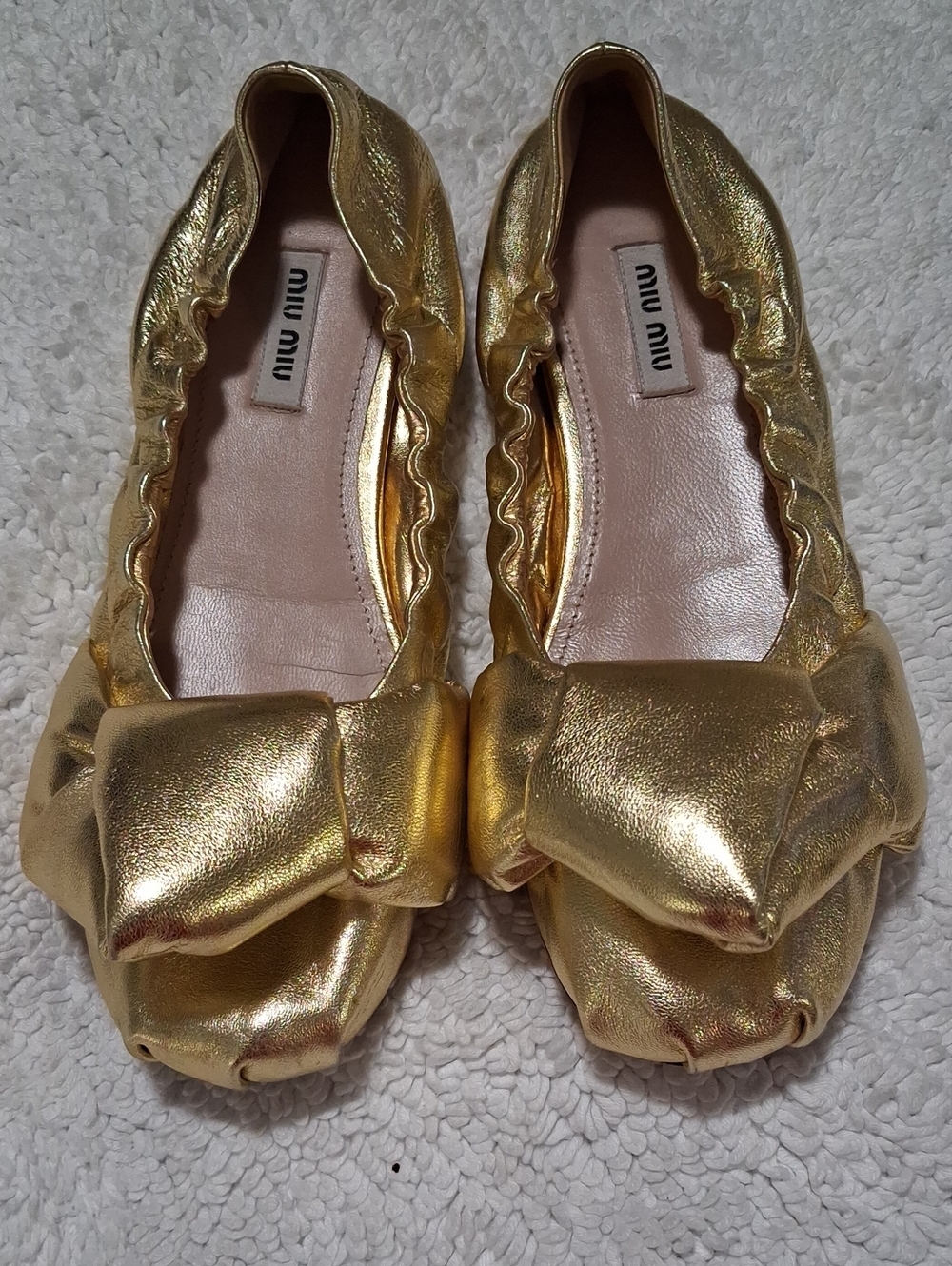 Miu Miu Metallic Gold Bow Ballet Flats